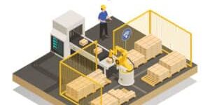 Smart industry intelligent manufacturing isometric composition with robotic arm and automated conveyor delivery warehouse production vector illustration